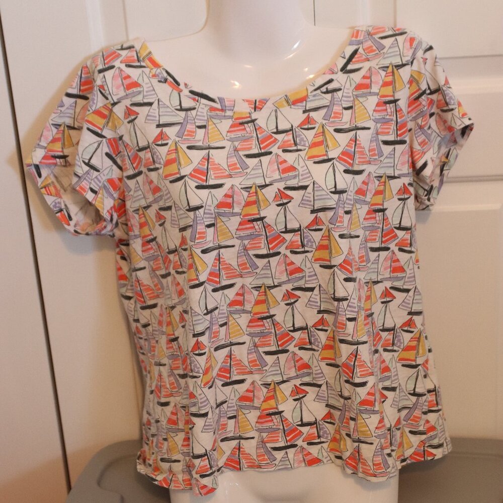 Lands End Sailboat Print Short Sleeve Tee Shirt Coastal XL Nautical 100% Cotton